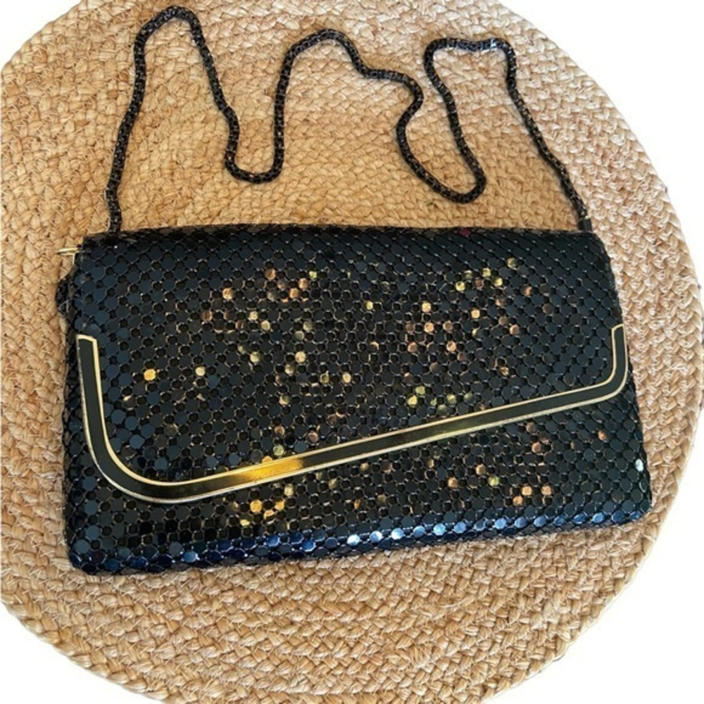 Beaded black vintage pocketbook clutch with metal strap and gold accents